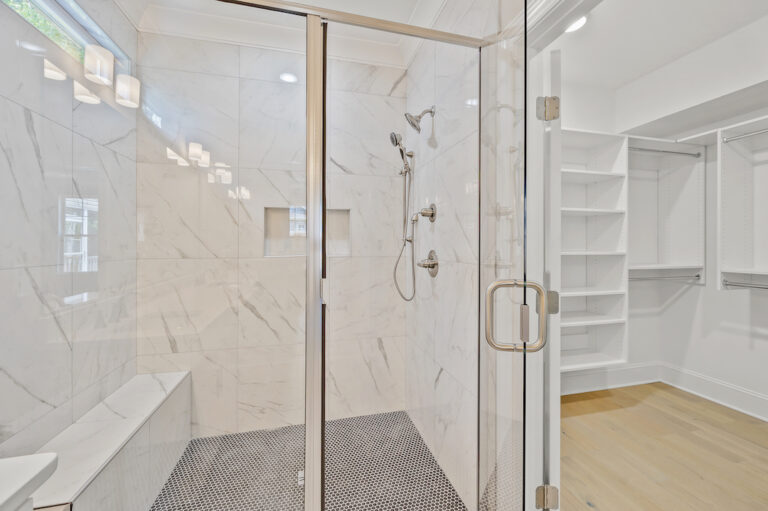 Primary walk in shower at 557 Alpine Road.